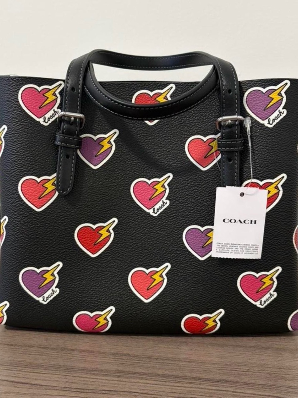 Coach Black Leather Tote with Red, Pink and Purple Heart Lightning Motifs - Picture 6 of 7